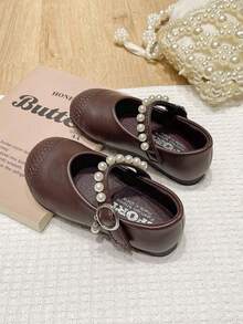 Children's Vintage Woven PU Shoes, Girls' Pearl Hook & Loop Soft Sole Princess Shoes For Party And Performance - Brown - View 4