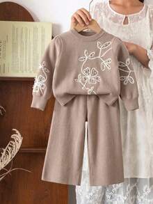 2pcs/Set 1pc Sweater Rajut Pullover Polos Elegan Motif Bunga Bordir untuk Anak Perempuan dan 1pc Celana Rajut Polos, Cocok untuk Pakaian Kasual Sehari-hari di Musim Semi, Gugur, dan Dingin - Coklat - View 4