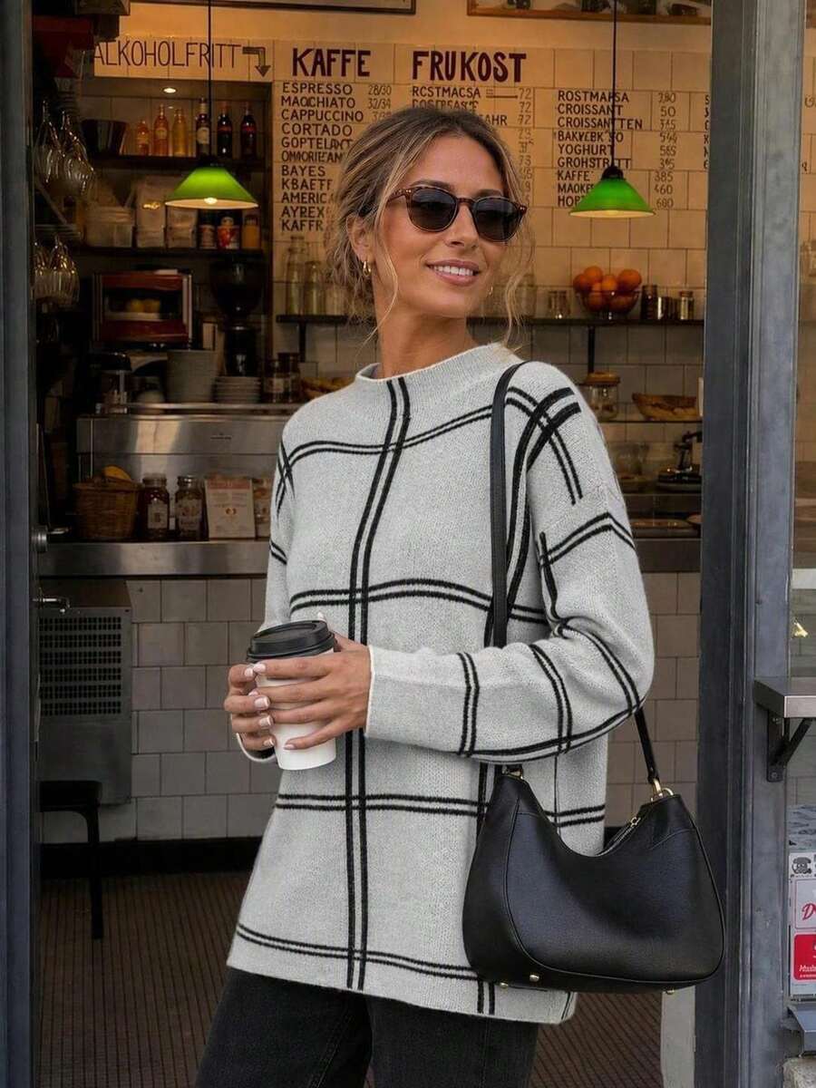 Women's Plaid Loose Casual Side Slit Stand Collar Knit Sweater Pullover, Autumn/Winter Base Layer Knit Top - White - View 1
