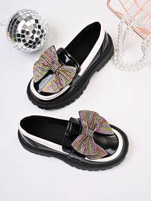 Girls' Shiny Thick Sole Loafers, Rhinestone Bow Slip-On Non-Slip Dress Shoes - Black - View 2