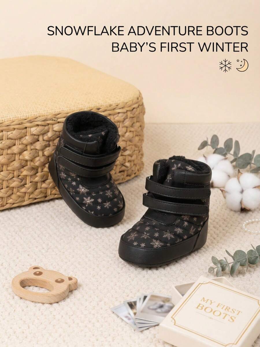 Fashionable Infant Fluffy Winter Snow Boots With Snowflake Pattern, Soft Sole, Thick Fleece Lining, Warm Ankle Boots