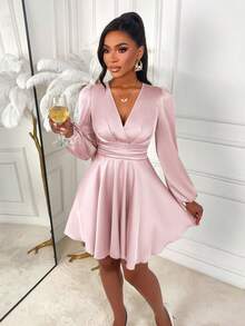 Pink Satin Elegant Fitted Mini Dress, Long Sleeve Deep V-Neck, Ruched Bust Design, Flared Hem, Suitable For Formal Occasions And Parties - Pink - View 4