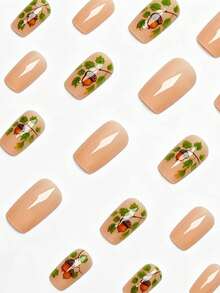24pcs Medium Glossy Pine Cone Pattern Green Leaf Fake Nails, Removable & Reusable Press-On Nail Tips, Ready-To-Wear Manicure Stickers In Box, Convenient For Travel, Parties, Events And Outings - Green - View 6