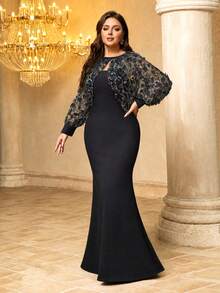 UNITHORSE[Random Cut]Stand Collar Lantern Sleeve Knit Evening Dress - Black - View 3