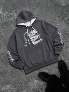 Zrgoth Men's Vintage Portrait & Star Print Sweatshirt, Loose Fit Streetwear Hoodie Long Sleeve Drawstring Hooded Top - Dark Grey - View 3