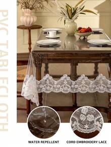 1pc Transparent PVC Lace Embroidered Trim Tablecloth, Table Mat, Stain-Resistant, Anti-Dirt, Dining Table Side Cabinet Decorative Tablecloth - White - View 6