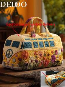 Dedoo 復古嬉皮露營車印花旅行袋，和平符號與花卉週末托特包，休閒波希米亞風度假女性大容量手提包（隨機手柄款式/隨機拉鍊款式） - 彩色 - 查看 7