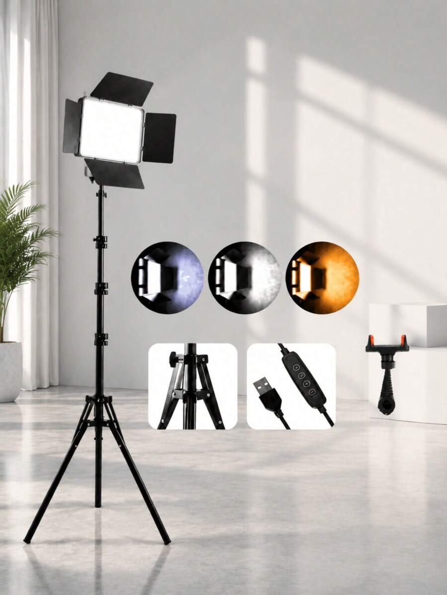 10-Inch LED Ring Light Kit With 3 Lighting Modes And 12 Brightness Levels; Includes Adjustable Height Tripod, Suitable For Studio Lighting And Professional Photography/Videography Fill Light - Black - View 1