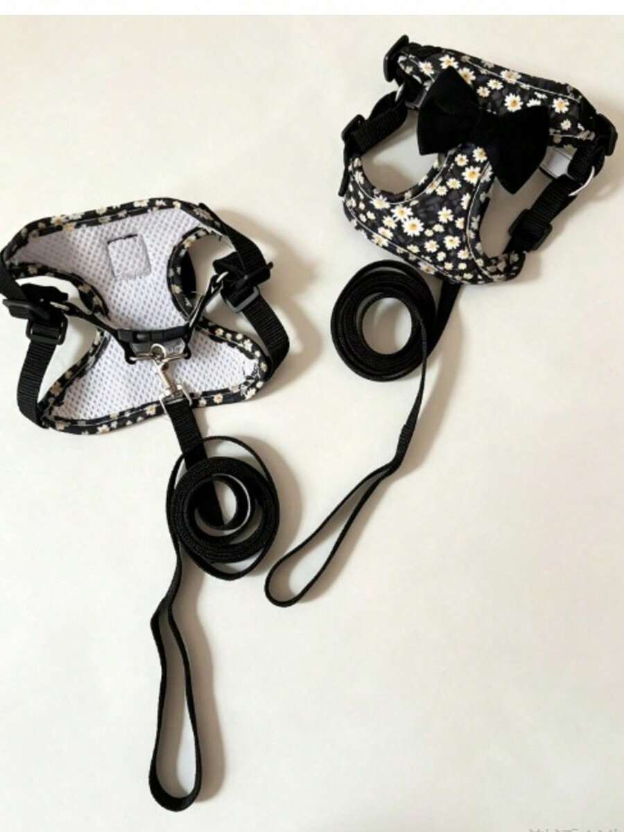 1 Set Dog Harness And Leash Set, Lightweight Breathable Mesh With Reflective Strips, Adjustable Buckle, Floral Pattern Dog Walking Gear, Cat And Dog Supplies, Suitable For Small Dogs - Black - View 1