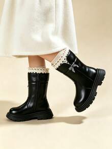 Autumn/Winter Girls' Boots With Side Zipper, Black Tall Boots, Princess Style, Thermal Lined, Suitable For Daily Wear - Black - View 6