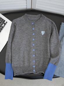 Premium Elegant Heart Embroidery Contrast Color Knit Cardigan Jacket Women Autumn/Winter Inner Layer Top Soft Unique Grey Sweater - Grey - View 7