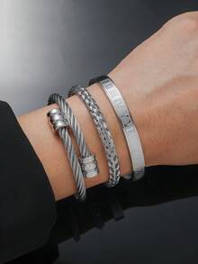 3pcs/Set Fashionable Creative Stainless Steel Woven Roman Numeral Bracelet For Men, Suitable For Daily Wear, Party, Gift For Boyfriend - Multicolor - View 5