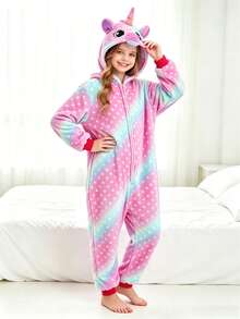 Tween Girl Plush Pink Starry Print Unicorn Shaped One-Piece Pajamas - Multicolor - View 11
