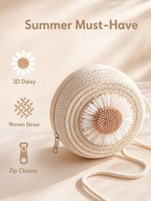 1pc Girls' Sunflower Paper Straw Sling Bag Children Coin Purse - Beige - View 3