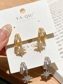 1 Set Asymmetrical 8-Point Star Stud Earrings, High-End Elegant Versatile Niche Design Sparkling Zirconia Earrings Jewelry For Women - Eight-pointed Star Stud Earrings - View 3