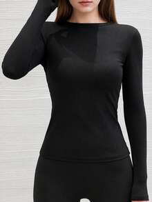 Women's Ribbed Crew Neck Long Sleeve Top, Slim Fit Elastic Basic T-Shirt, Soft Comfortable Solid Color Casual Layering Inner Shirt - Black - View 2