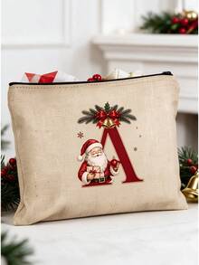 Initial And Name Christmas Canvas Gift Bag, 26 Initials, Custom Large Santa Claus Patterned Cloth Bag, Featuring A Red Bow Ribbon, Personalized Christmas Decoration Gift Party Favor - Multicolor - View 6
