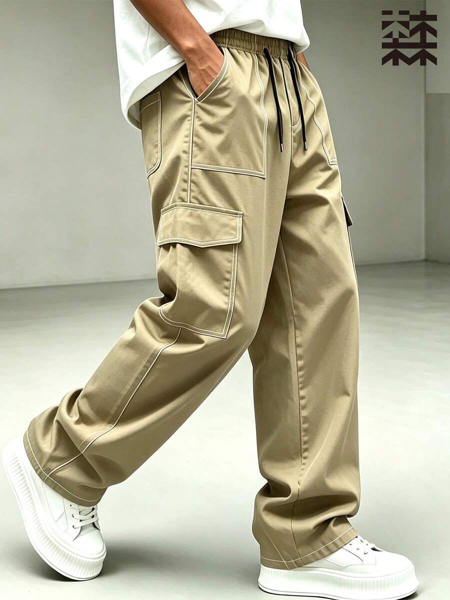 mulinsen Mulin Sen 男士黑色工裝長褲,寬鬆直筒褲腿,白色對比縫線,多口袋設計,抽繩腰頭,休閒長褲 - 黃色 - 查看 1