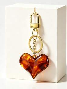 Vintage Amber Tortoise Shell Pattern Resin Heart-Shaped Keychain, Marial Brown Beaded Bag Charm - Multicolor - View 4