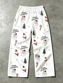 Men Christmas All Over Print Santa Snowman Tree Candy Cane Graphic Drawstring Waist Wide Leg Casual Pants - Multicolor - View 2