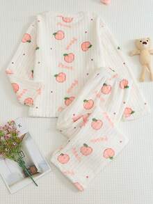 Teen Girls Cute Peach Print Flannel Pajama Set, 2-Piece Round Neck Long Sleeve Top And Pants, Soft Warm Loungewear, Suitable For Autumn/Winter Home Wear - Multicolor - View 4