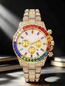 2pcs/Set Hip Hop Cuban Men's Business Watch Set, Cubic Zirconia, Holiday Gift, Daily Wear - Gold - View 5