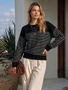NiceArt Women's Black & White Striped Drop Shoulder Knit Sweater, Autumn/Winter Vintage Basic Loose Fit, Autumn Outfit, Renaissance Style, Halloween - Black and White - View 9