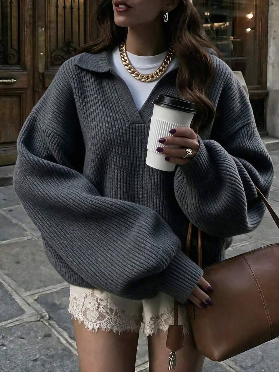 FOR BEAUTY Fall Winter Y2K Elegant Casual Grey Polo Collar Ribbed Knit Sweater Pullover Tops Women Going Out Party Vacation Concert Outfits - Grey - View 1