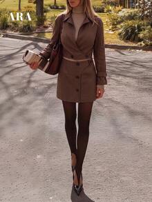 ARA CHIC Women's 2 Pieces Outfit Lapel Cropped Jacket & Asymmetric Button Mini Skirt Set,Fall Vintage Brown Co Ord Set Long Sleeve Casual Matching Suit - Brown - View 1