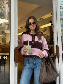 Colorblock Button Half-Placket Long Sleeve Drop Shoulder Pullover Sweater - Pink - View 5