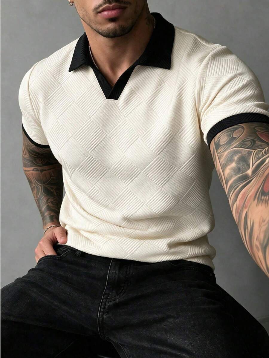 Men's Summer Fashion Classic Jacquard Patchwork Regular Shoulder Airplane Collar Short Sleeve T-Shirt, Suitable For Daily Activities And Business Gatherings