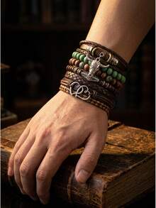 Unisex Western Bohemian Style Multi-Layer Leather And Wooden Bead Bracelet Set, Decorated With Bull Skull Pendant, Vintage Style, Stackable, Suitable For Wrist Wear - Bracelet - View 3