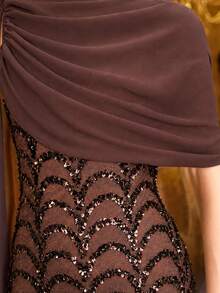 UNITHORSE Random Cut Round Neck Flared Waist Sequin Evening Gown Dress - Coffee Brown - View 5