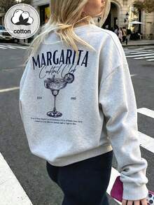 Women's Casual Minimalist Print Crew Neck Long Sleeve Loose Sweatshirt - Light Grey - View 11