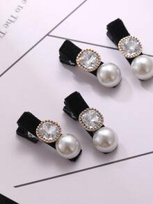 2pcs Autumn/Winter Pearl Rhinestone Velvet Hair Clips, Korean Style Versatile Bangs Clips, Minimalist Fashion Luxury Hair Accessories, Suitable For Girls Daily And Holiday Wear - Black - View 3
