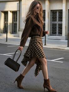 Aflion Elegant Women Autumn Vintage Plaid Asymmetrical Ruffle Midi Skirt Irregular Hem Flowy Skirt - Brown - View 1