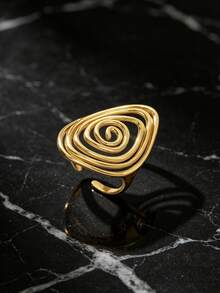 SEEKGLEE 1pc Golden Spiral Swirl Open Ring, Bohemian Style Stainless Steel Adjustable Statement Ring For Wome - Yellow Gold - View 3