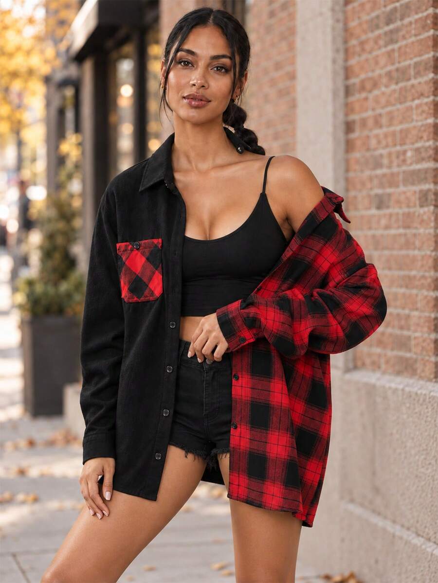 Women's Red And Black Plaid Patchwork Button Front Shirt With Chest Pocket, Long Sleeve Collared Casual Top - Black - View 1