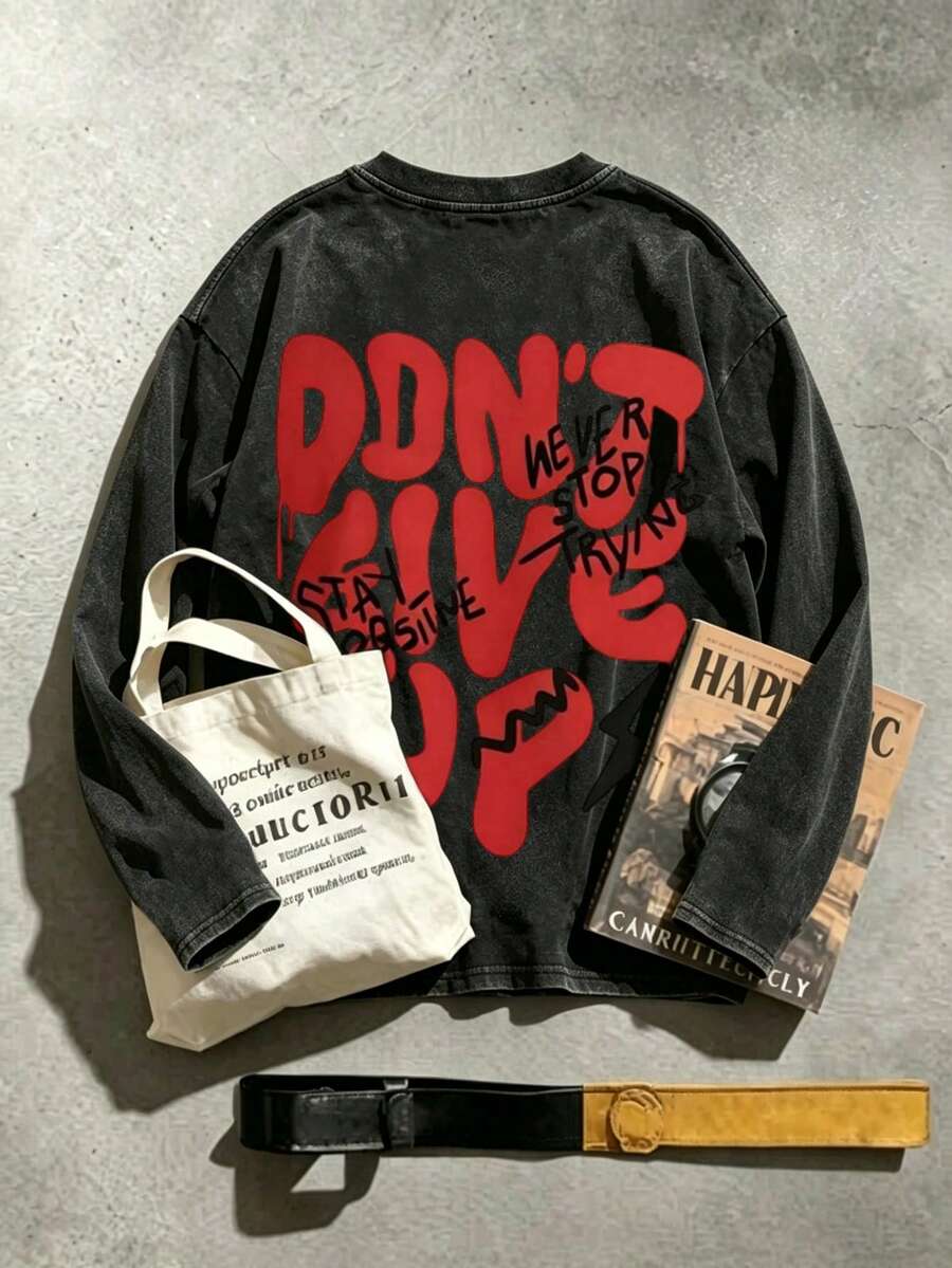 [Smple] Men's Gothic Graphic Long-Sleeve T-Shirt - A Comfortable Crew-Neck Top Suitable For All Seasons, Perfect For Casual Everyday Streetwear. - Black - View 1