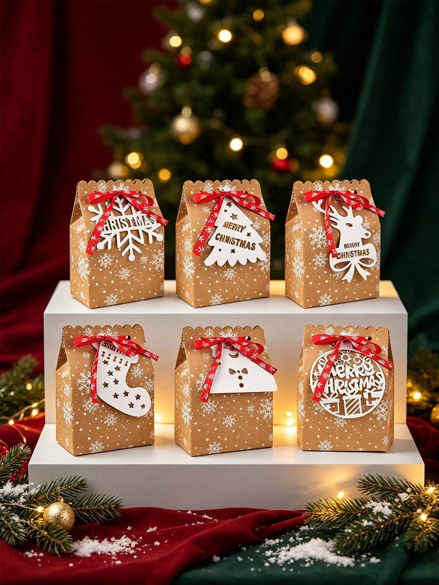 6/12pcs/Pack Christmas Party Gift Candy Cookie Boxes Paper Boxes Christmas Party Decoration Paper Boxes Includes Ribbon Cards - View 1