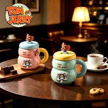 TOM AND JERRY. Cute Cartoon Gourd-Shaped Ceramic Coffee Mug With Lid, Gourd-Shaped Ceramic Cup With Lid, Home And Office Water Cup Gift - Multicolor - View 7
