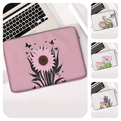 1pc Pink Tulip Print Laptop Sleeve, Shockproof Zipper Notebook Protective Bag, Portable Computer Case For School Office Travel