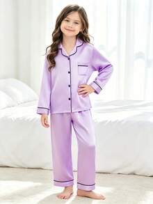 2pcs Tween Girl Lavender Long Sleeve & Pants Pajama Set - Multicolor - View 5