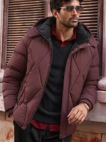 Men's Autumn/Winter Detachable Hooded Jacket Coat, Padded Thickened Casual Versatile Padded Coat, Suitable For Daily Outdoor Travel And Commuting - Burgundy - View 1