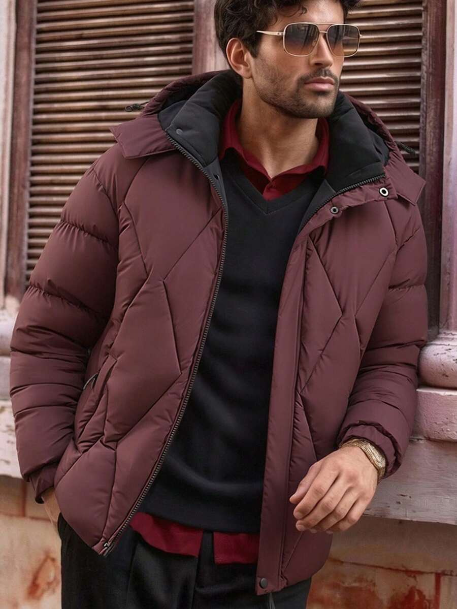 Men's Autumn/Winter Detachable Hooded Jacket Coat, Padded Thickened Casual Versatile Padded Coat, Suitable For Daily Outdoor Travel And Commuting - Burgundy - View 1