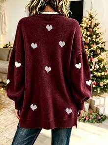 Plus Size Women's Burgundy Knit V-Neck Pullover Sweater, White Heart Print, Essential For Autumn/Winter Warmth - Red - View 6