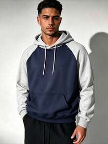 ZYNTH BALENO Men's Loose Drop Shoulder Patchwork Hooded Sweatshirt, Suitable For Sports, Outdoor, Indoor, Classic Solid Color Long Sleeve - Navy Blue - View 2
