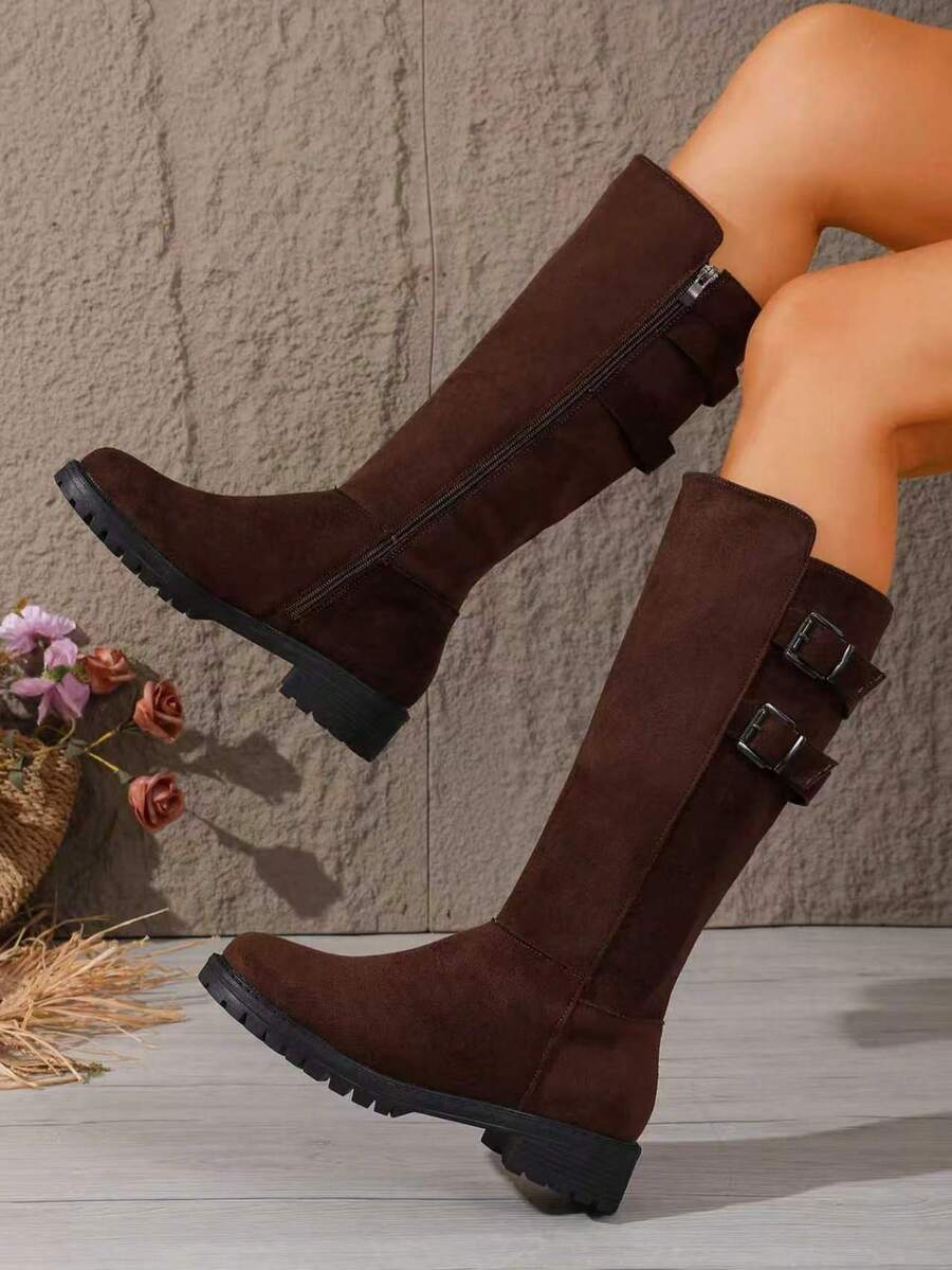 Women's Round Toe Elastic High Shaft Slim Fit Boots, V-Cut Flat High Shaft Boots, Versatile For Autumn/Winter, Suitable For Daily Commute - Coffee Brown - View 1