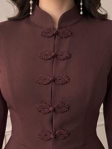 Women's Autumn Dark Brown Stand Collar Frog Button Flared Sleeve Ruffle Hem Top, Back Tie Waist, Elegant Date & Commute Outfit - Coffee Brown - View 4