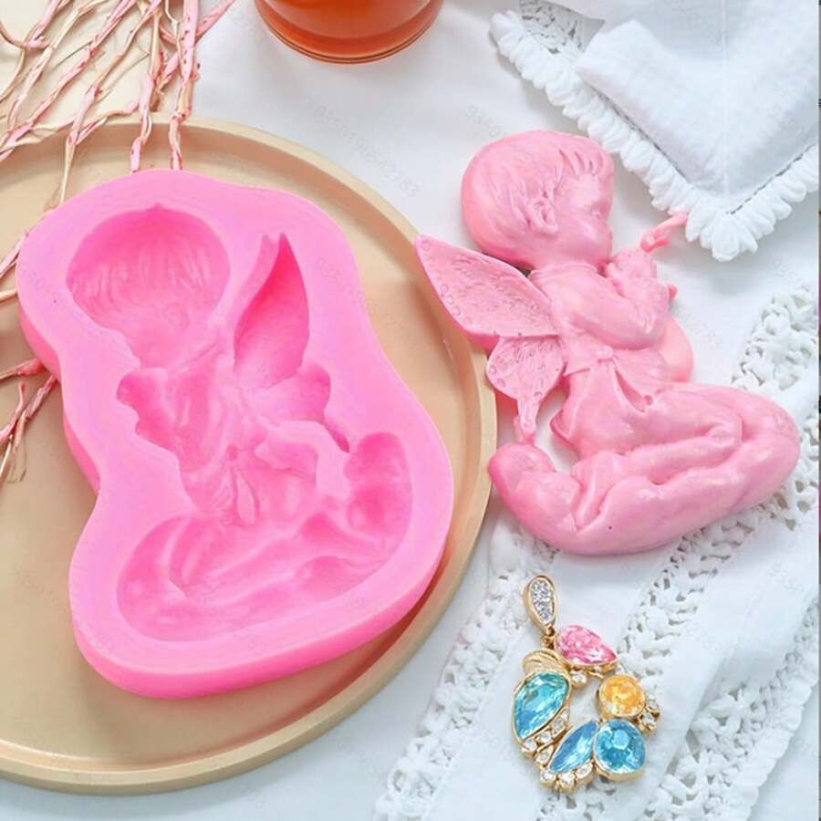 1pc Wishing Angel Shaped Silicone Mold, Handmade Simple Decorative Props, Easy Demolding, Reusable Silicone Mold - Pink - View 1